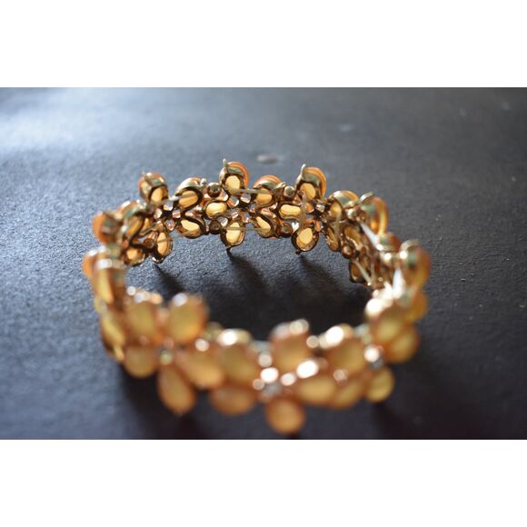 Golden Floral Stretch Bracelet, Rhinestone Petal Elegance (7.5") - Picture 4 of 8